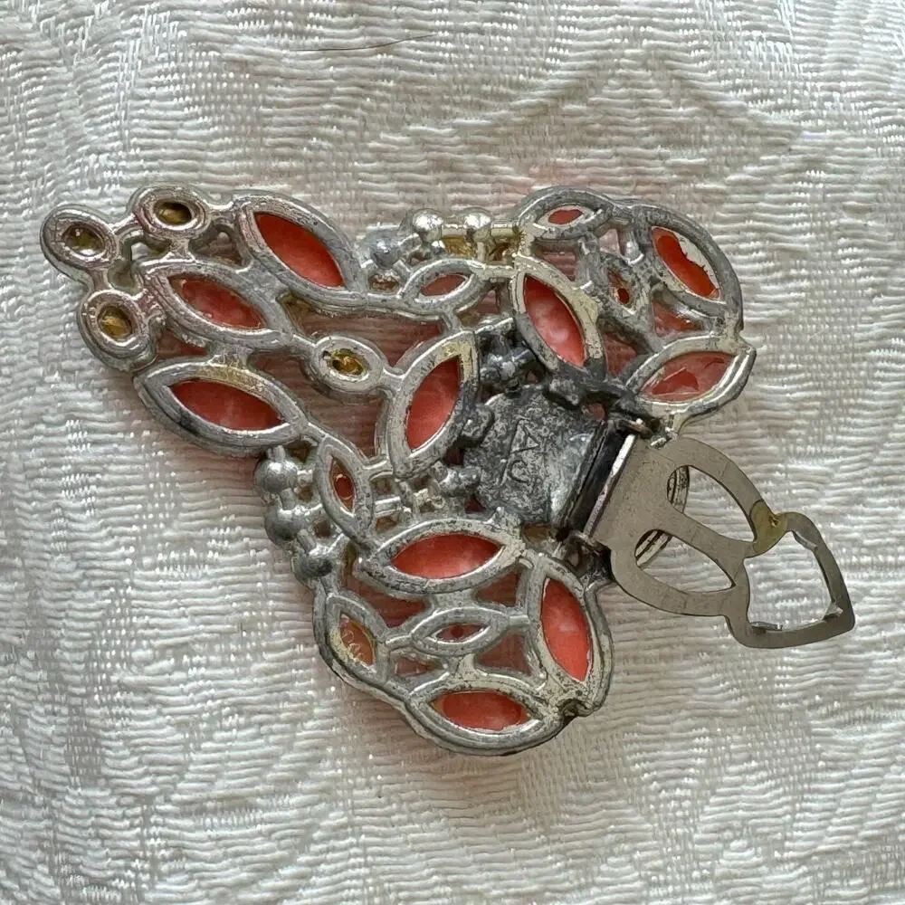 Vintage AJ Signed Rhinestone Coral Glass Dress Clip Brooch Marbled Stones